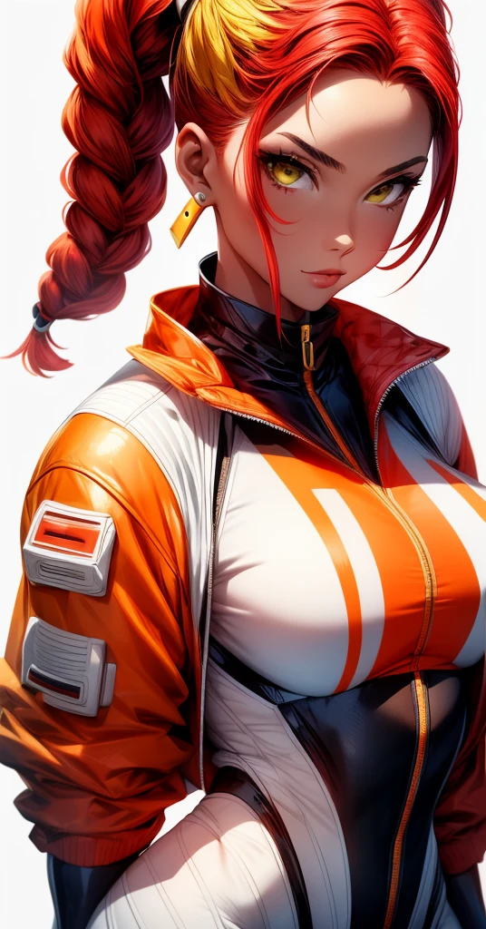 facial features, white background, futuristic female with skinsuit sci-fi, red hair, niji style, artgerm style, yellow and orange clothing, tan skin, short black harley quinn style pigtail hair, golden shoulder pads, white background, wide shoulders, female bodybuilder, braided hair, minimalistic design, artgerm art, a female futuristic technoshaman, futuristic shaman, female with short brown hair, mature female, fit body, strong shoulders, thin waist, long legs, vivid plum color jacket, white attire, brown gloves. --s 750