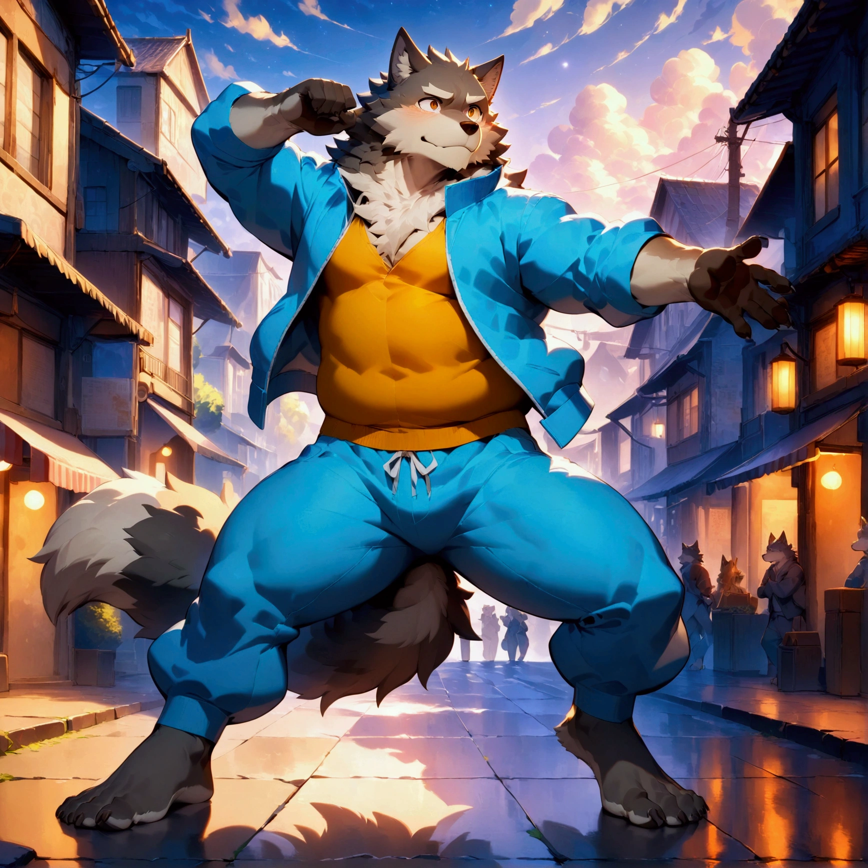 character focus, full body, looking away, dynamic angle, street dancer, plump middle-aged wolf man, happy, little smile, street fashion, jacket, pants, street dance, dancing, dynamic pose, standing, full body in Michelangelo Buonarroti style, digital illustration anime, housamo style, detailed painting landscape, afternoon, city scape, street, outdoor, full color, HDR, BREAK complete anatomy, perfect proportions, beautiful thigh gap, fluffy body, intricate fur details, beautiful fur texture, BREAK detailed wolf tail, detailed toe, 5toes, 5toes nails, beautiful foot, detailed hands, 5fingers, 5fingers nails, BREAK aesthetic anime face, insanity detailed face, male face, big face, square jawline, aesthetic anime eyes, detailed brown eyes, detailed brown cornea, detailed dark brown irises, detailed pupils, male eyes, big eyes, male eyebrows, innocent look, beautiful beard, BREAK masterpiece, official art, best quality, very aesthetic, absurdres, super fine illustration, great quality, BREAK noise reduction, very highres, large filesize, high quality, 32K, 8k wallpaper, dynamic lighting, BREAK insanity detailed, ultra detailed, intricate details, extremely detailed, detailed texture, an extremely delicate and beautiful, BREAK e621 illustration, Fur Affinity illustration, osukemo, kemohomo, anthropomorphic, furry, cartoon, harmonious body, pastoral face, virtuous eyes, street atmosphere