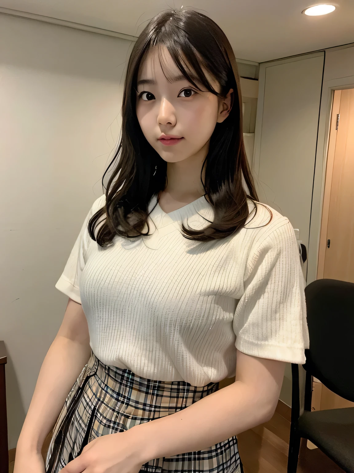 Japanese Beauty、Brown Hair、Changing clothes、Trousers down to the knees、White panties、T-Shirts、In the middle of taking off your pants、indoor、Flooring、His trousers are down to his knees、in trouble、Shy laugh、Embarrassed expression
