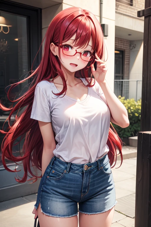 Red hair, brunette, brown eyes, short, cold clothing, horn, clip, round glasses, solo, neko, fox ear, fox tail, red tail, red ear, angel wings, female, big butt,