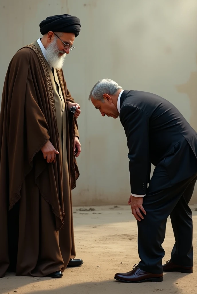 there is a man shout's and kneeling down begging for mercy wearing Muslim white suit from the right side, a man from the left side and holding a sword wearing white Muslim suit in front of a of a man begging for mercy, islamic, accurate to egyptian tradition, parody work, edited, competition winning, arab ameera al taweel, wearing white robes, in the desert beside the gulf, arab man, accurate depiction, praised, sheikh, an arab standing watching over, pose 1 of 1 6, background in the desert and many Muslim watching at the man begging for mercy, realistic image, 16k resolution, caught on footage