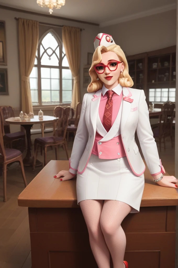 score_9, score_8_up, score_7_up, 1girl, sprinkles mei, mei (overwatch),  three-piece suit, 1girl, solo, blonde hair, glasses, sprinkles mei, smile, pretty, formal, jewelry, (((white skirt suit))), (((red silk necktie))), earrings, (((white jacket))), (((pink shirt with white collar))), sitting on table, (((high heels))), window, watch, jacket, wristwatch, white shirt, red lips, (((white pencil skirt))), (((bodycon pencil skirt))), makeup, black stockings, garter straps, cufflinks, red nails, fully clothed, red lipstick,   in a 50´s restaurant, long sleeves, shiny clothing, tight clothing, (((tight skirt))), silk shirt fabric, hand on cheek, cute