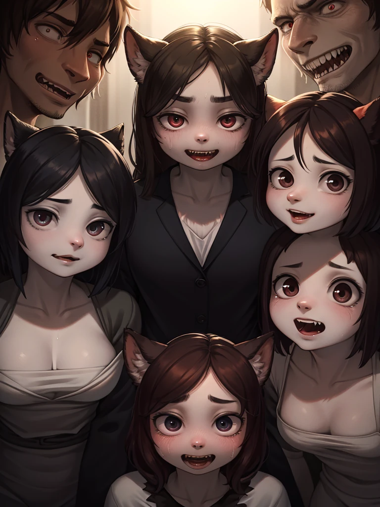 masterpiece, high quality, extremely detailed CG, high resolution, highly detailed face, novel illustration, sidelighting, simple black background, 3girls, (grey skin:1.2) demon horns, wearing lingerie, be breathless, steaming, half-closed eyes, grin, glowing eyes, saliva, saliva trail, pov, from below, (cowgirl position), veiny penis, (nipple licking), both nipples, left nipple, right nipple, horror \(theme\), creampie, pointy ears, fang, <lora:concept-nipple_licking-v1:0.7>,