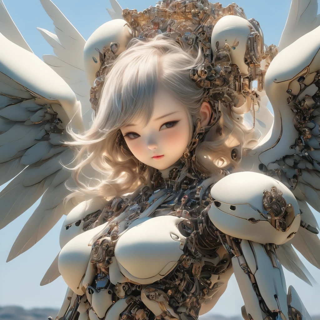top-quality、masterpiece、超A high resolution、(Photorealsitic:1.4)、Raw photo、Battle Cyborg Angel、large wings made of metal、White porcelain body、Acrylic Clear Cover、white hair、glowy skin、1 Cyborg Girl、((super realistic details))、portlate、globalillumination、Shadow、octan render、8K、ultrasharp、character edge light,Colossal tits、Raw skin is exposed in cleavage、Details of complex ornaments、Greek Detail、Hydraulic cylinder、Small LED lamp、highly intricate detail、Realistic light、a purple eye、radiant eyes、Facing the camera、neon details、cowboy shot、Futuristic headgear、About Cyberpunk、、