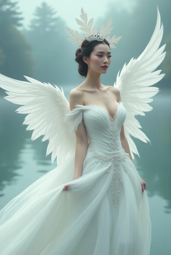 there is a woman in a white dress standing in a pond, a digital painting by Yu Zhiding, trending on cg society, fantasy art, beautiful angel, beautiful female angel, flower goddess, tall female angel, of beautiful angel, of an beautiful angel girl, ethereal beauty, a beautiful woman in white, full - body majestic angel, angels in white gauze dresses