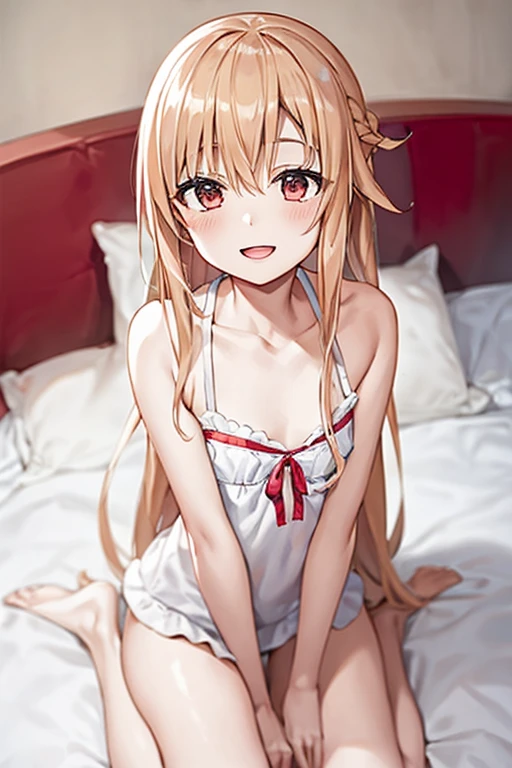 ((Best Quality)), ((masterpiece)), (be familiar with),  perfect face, indoor, bedroom,  watching viewers,
One woman, Yuuki Asuna,
Open Mouth, Ecstatic expression, blush, smile,
Small breasts,  flat chest, , , , Girl,
Long Hair,  long hair,
Leg spread,