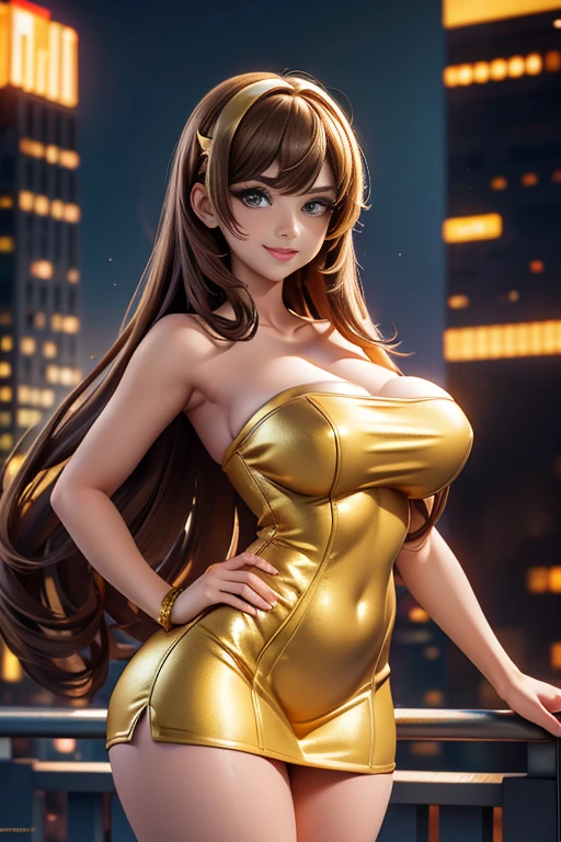 Straight Hair、brown Hair,((Highly detailed golden sexy strapless bodycon dress)) , (beautiful girl: 1.3),1girl,Highest quality,8k,Highly detailed CG unit wallpaper,masterpiece:1.2,Highest quality,Ultra-high resolution,RAW Photos,Realistic textured skin,Cinema Lighting,happy,Big eyes,Detailed eyes,Glossy lipstick,Perfect Makeup,Ultra-high definition beauty face,Huge building,Metropolis,voluptuous,(Standing on the rooftop of a skyscraper in Cyber City),(Panoramic View),night,Detailed neon lights,(Are standing_Split),smile,cowboy shot,