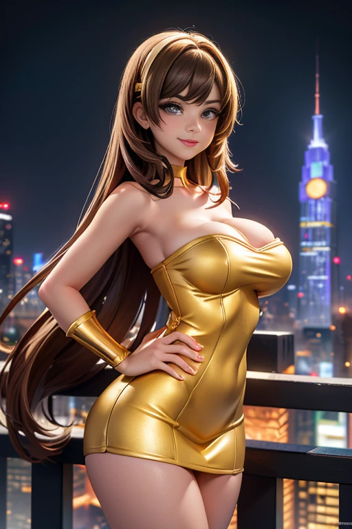 Straight Hair、brown Hair,((Highly detailed golden sexy strapless bodycon dress)) , (beautiful girl: 1.3),1girl,Highest quality,8k,Highly detailed CG unit wallpaper,masterpiece:1.2,Highest quality,Ultra-high resolution,RAW Photos,Realistic textured skin,Cinema Lighting,happy,Big eyes,Detailed eyes,Glossy lipstick,Perfect Makeup,Ultra-high definition beauty face,Huge building,Metropolis,voluptuous,(Standing on the rooftop of a skyscraper in Cyber City),(Panoramic View),night,Detailed neon lights,(Are standing_Split),smile,cowboy shot,