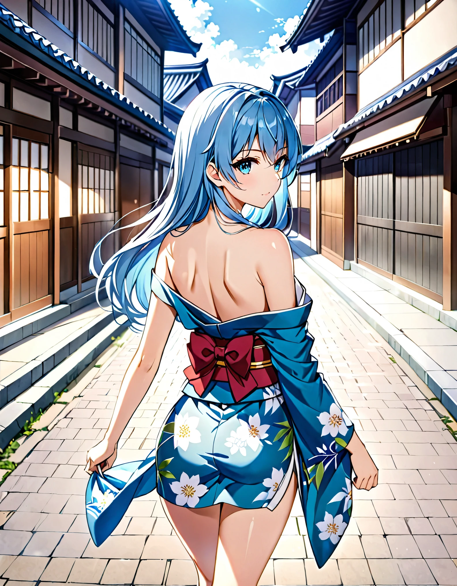 (masterpiece, best quality), 3 elven girls, ( collar bone, bare breasts, nipples, navel, clotch, thigh), view from side, (light blue hair, twin tails ,very long hair is floating ), hair between eyes, multi colored hair,hair flower ornament ,blush, aqua eyes, superb smile , large breasts,(((bare lower half of body ))),japanese ryokan , walking, having a chat , light aqua color of yukata , light green color of yukata, light pink color of yukata, (((open front of the yukata chest very wide))) , (((( open front of the yukata thigh wide))), unbuttoned ,while walking , no lower yukata, no bottom ,no lingerie ,no underware, no shorts, no anything hide the lower half of the body