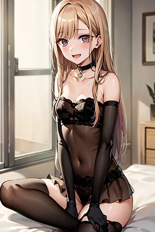 ((Best Quality)), ((masterpiece)), (be familiar with),  perfect face, indoor, bedroom,  watching viewers,
One woman, Kitagawa Marin,
Open Mouth, Ecstatic expression, blush, smile,
Small breasts,  flat chest, , , , Girl,
Long Hair,  long hair,
Leg spread,