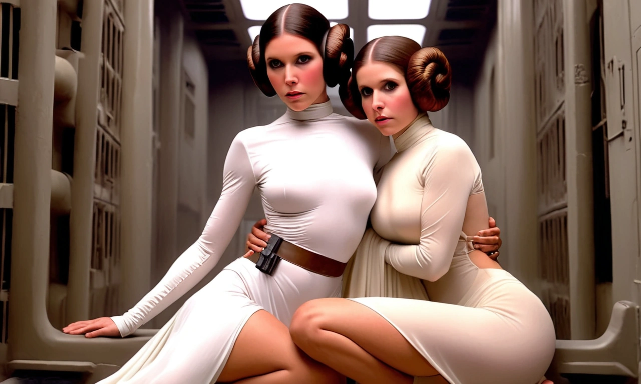 naked tits,Princess Leia, torn shirt, Background of the film "Star Wars", Carrie Fisher, groin lines, thong strap, V line