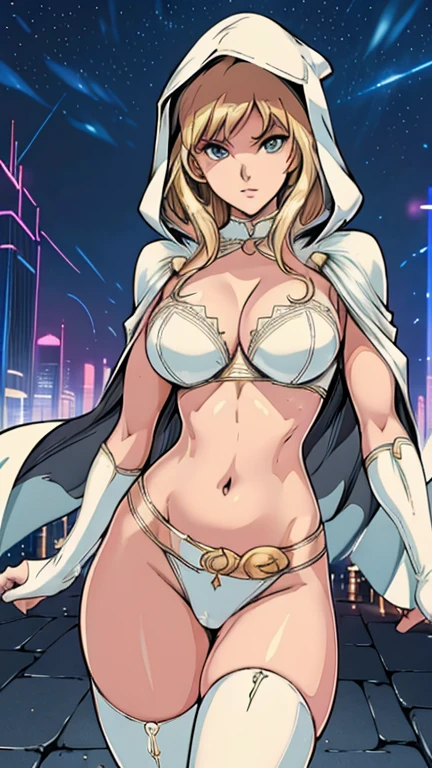 (1girl, Chaotica), (extremely detailed CG unit 8k wallpaper),(master part), (best quality), (ultra detail), (best illustration),(lora:80'sFusion:0.6), cowboy shot, (Sharp eyeliner, ombre, detailed eyes:1), midnight, neon light city background, ,break , (neon_pop art style), Belt, bikini, blonde hair,white cloak, white cape, white choker,white cloak, detached sleeves, white elbow gloves, white hood,white thigh boots,