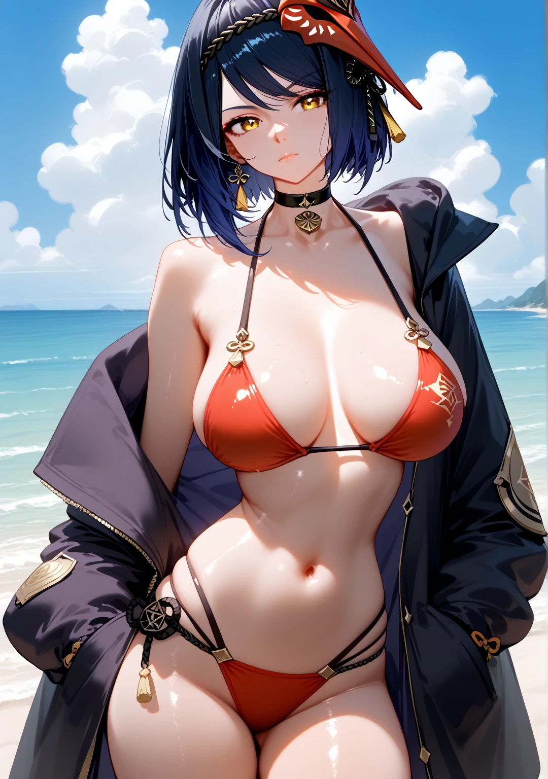 Highest quality, Highest quality, High quality illustrations, masterpiece, Ultra-high resolution, Detailed Background, Absurd, Perfect Anatomy, performance, Good lighting, Shadows in the movies, 1 girl, solo, Kujou Sara\(genshin_impact\), short hair, yellow eyes, black hair, breasts, large breasts, defined curves, alternate costume, closed mouth, swimsuit, bikini, bikini bottom only, red bikini, jacket, hoodie, hood down, long sleeves, belt, black choker, hands in pockets, standing, outdoors, sky, beach, blue sky, ocean, cloud, day, cowboy shot, bewitching thighs, gleaming, shiny skin, shiny, two beautiful legs