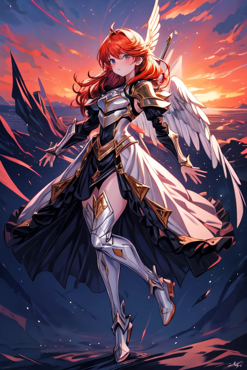 gorgeous platinum female angel, holographic armour, holy knight, gorgeous anime woman, redhead, sad face, full body, flying in mid air, red and orange colors, beautifull sky background