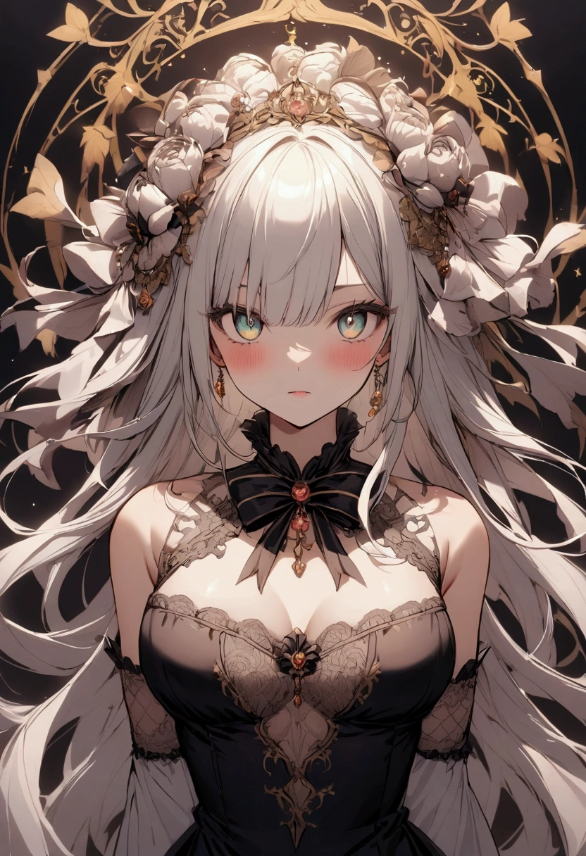 masterpiece, top quality, best quality, official art, beautiful and aesthetic:1.2), (1girl), extreme detailed, (abstract, fractal art:1.3), colorful hair, highest detailed, Hilda from the anime Beelzebub, long yellow hair, death theme background, hellish environment, black maid uniform, dark backdrop