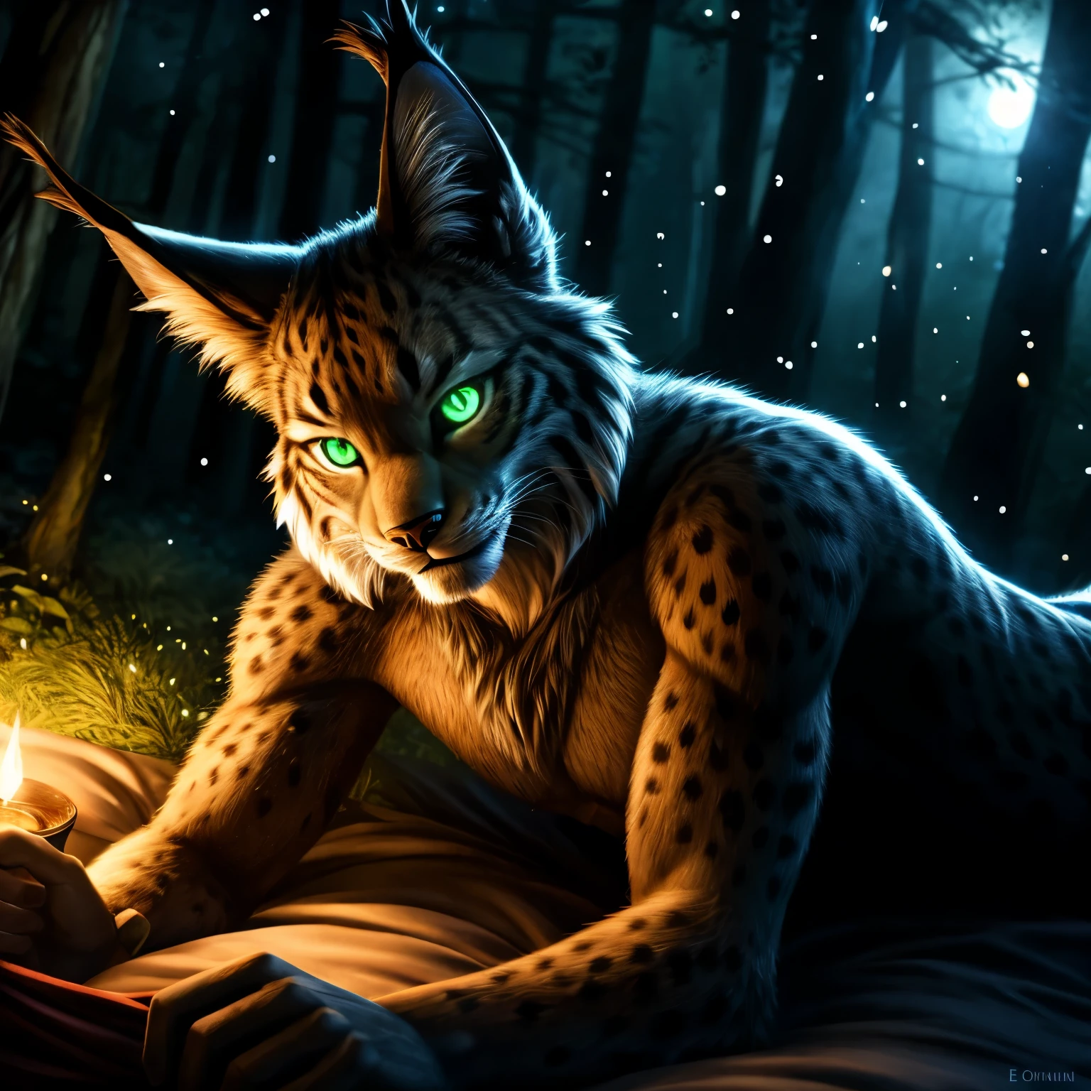 solo, male, (slim), (male lynx):1.3, (laying on back on top of a giant slice of bread):1.3, (kemono:1.4)
 (black thong, red pattern:1.2),
detailed eyes, lynx tail, ((body portrait)), 
, (detailed eyes, green eyes, glowing eyes):1.1,
(outdoors:1.35), forest, candle, night, (particles ,firefly, blue glowing):1.3, 
detailed background, photo-realistic, realistic hands, 8k HD,
(dark shadows, wide dynamic range, hdr, low light:1.2),
by (by Pino Daeni, (by ruaidri), (by virtyalfobo), (by Kenket).