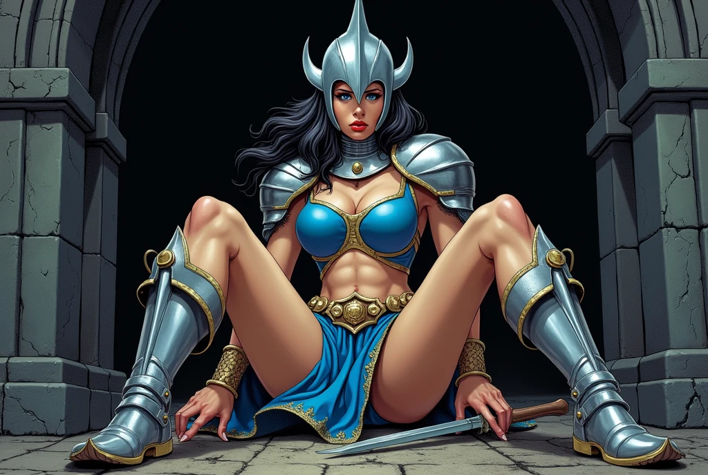 woman, ((long hair)), blackblue hair, ((beautiful)), ((straight hair:1.4)), hair split in middle, adorned in medieval armor, (Aletta ocean face), twerking, metal muscles, emanating a medieval elegance and marvel, armor pump boots, ((breastplate)), chrome silver tiara, small armband, (shoulder armor), gauntlets, ((armored thong:1.5)), sword, shield, exposed midriff, (puffy lips:1.3), detailed eyes, ((slendered abs:1.3)),(pissed off), wide hips, (puffy lips:1.5), slender abs,rim lighting, side light, cinematic light, ultra high definition, 8k, film grain,best shadow, light particles, detailed skin texture, detailed gem armor texture, detailed face, intricate details, super detailed, bright, spiked heel boots