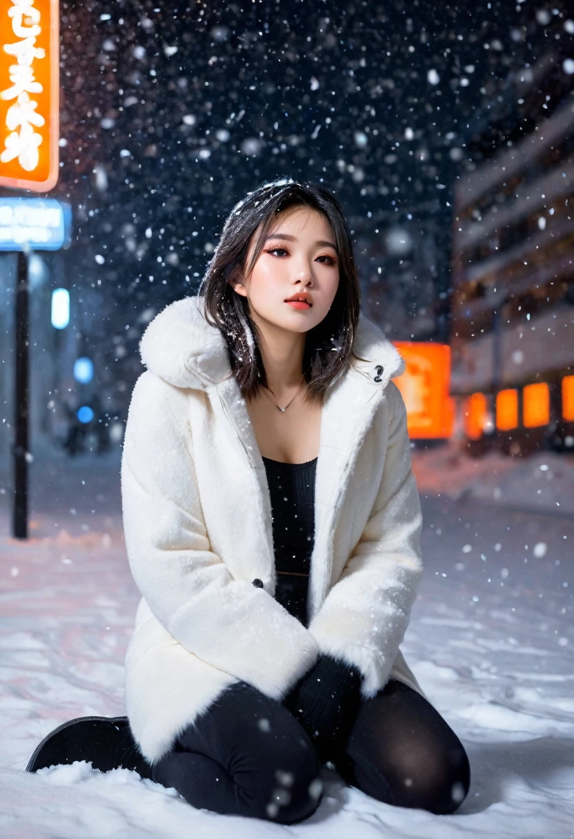 A asian girl with straight, shoulder-length hair seated on the snowy ground outside during a soft snowfall. She is wearing an white tanktop and and a loose fur coat, with delicate snowflakes resting on her hair and skin, adding a dramatic cold effect. Behind her, a glowing orange neon sign creates a warm contrast against the cold, snowy surroundings. The atmosphere is serene with a slightly melancholic expression on her face.