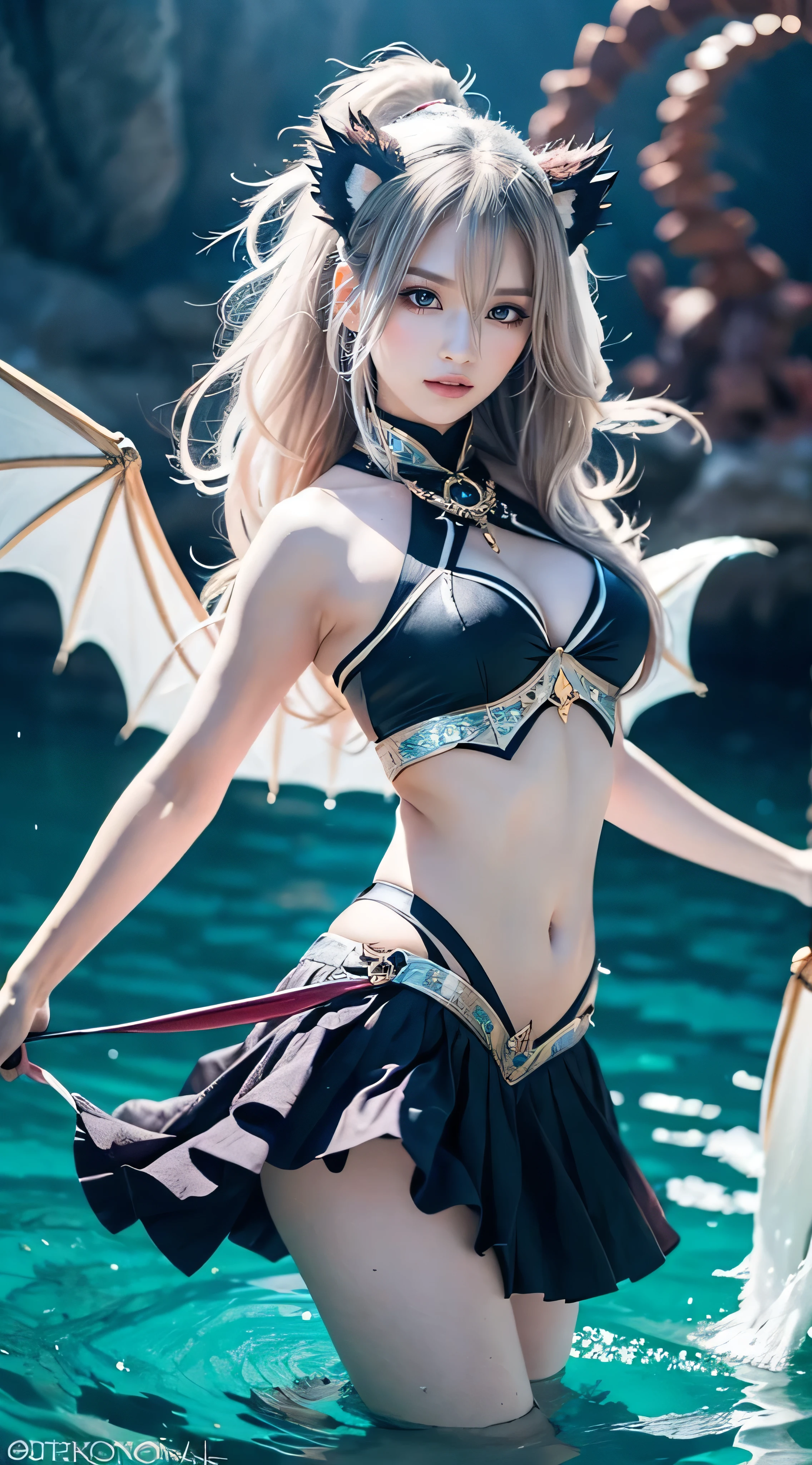 Female elf,Large breasts,upperbody shots,dramatics,dynamicposes,比基尼,The background is sandy beach,Rembrandt light
