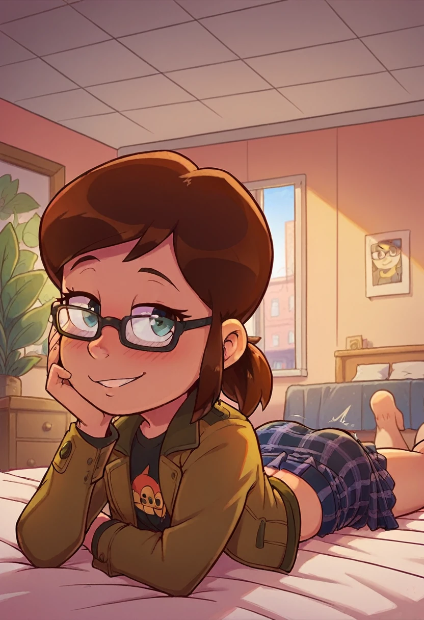 1girl, Margo, brown hair, ponytail, jacket, glasses, plaid skirt, looking at viewer, light blush, smile, perky, cute smile, indoors, bed, bedroom, straight-on, lying, on stomach, showing her butt, butt Shaking, twerking, heartbeat