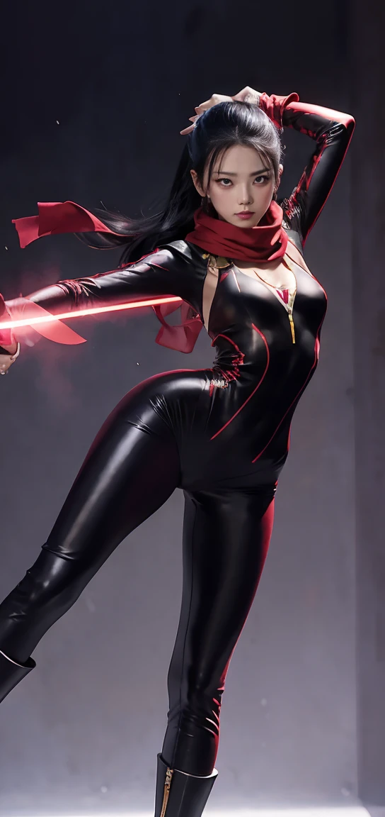 beautiful woman, beauty, black clothing, red belt at waist, wind effect, full body photo, prominent figure, night, photo (Masterpiece) (Best quality) (Detail) (8K) (HD) (Wallpaper) (Cinematic lighting) (Sharp focus) (Intricate), sexy, rain, wet, rays, best quality, ultra high resolution, photorealistic, full body portrait, incredibly beautiful, dynamic poses, detailed skin texture, Highly detailed skin, detailed face