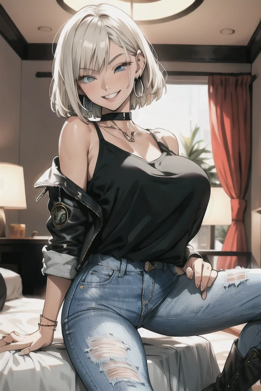 ((riding on my dick)), ((cowgirl position)), ((smiling face)), ((happy face)), (Squirting)),  (masterpiece, best quality), 1lady, milf
 Hair: buzz cut, Clothing: oversized, distressed denim jacket with patches and pins, paired with black skinny jeans and combat boots, Accessories: silver hoop earrings and a black choker necklace, high heels,
blonde bob cut, big breasts
in bedroom, hands in pocket, (from front:1.2), looking at viewer,  