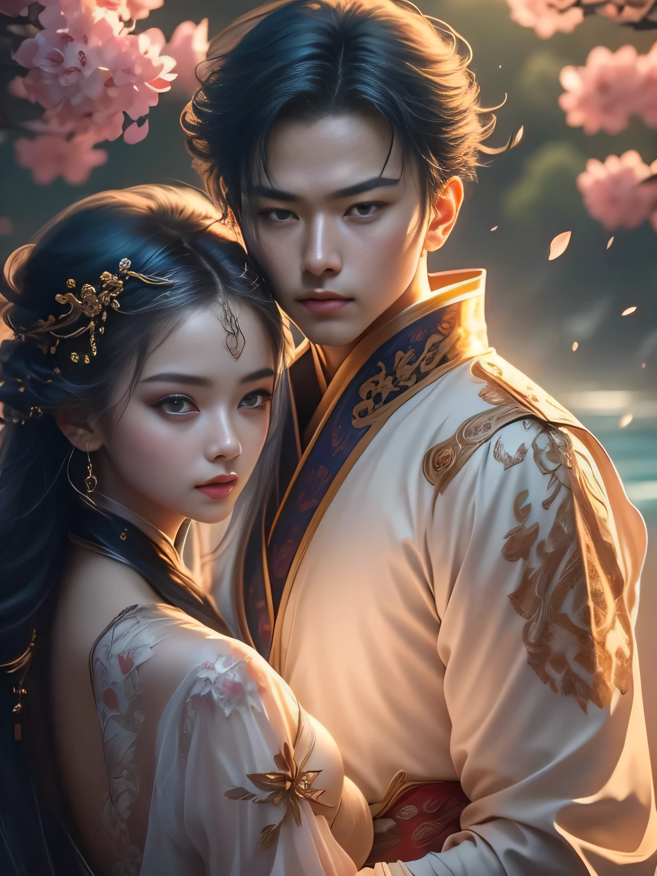 (Best Quality, Super Detail, Masterpiece, Representative Work, Official Art, Professional, Super Fine Detail, 8k:1.3), (photorealism:1.2), (Couple, Beautiful Girl and Boy), A couple in the sea of flowers, Handsome guy hugs beautiful girl from behind, Smiling and Wearing White Clothes, Delicate Hair, Chinese Beauty and Handsome Man, Wearing Ancient Chinese Clothes, Flowing Tulle, Light Silk, Create a movie poster similar to those used in Chinese romantic fantasy dramas, Correct proportions, Perfect face, perfect hands, Sweet atmosphere, Photorealistic, Sharp Focus, Dreamy Atmosphere, Delicate Details, Soft Volumetric Light, (Backlight:1.3), (Cinematic:1.2), Intricate Details, (ArtStation:1.3)