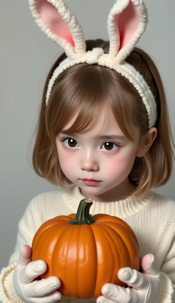 (  best quality、masterpiece、  High Resolution  )、(((Hyperrealism、Realistic photos、RAW Photos)))、One Girl、Girl、Bunny ears headband、Fluffy gloves 、Staring at the orange pumpkin