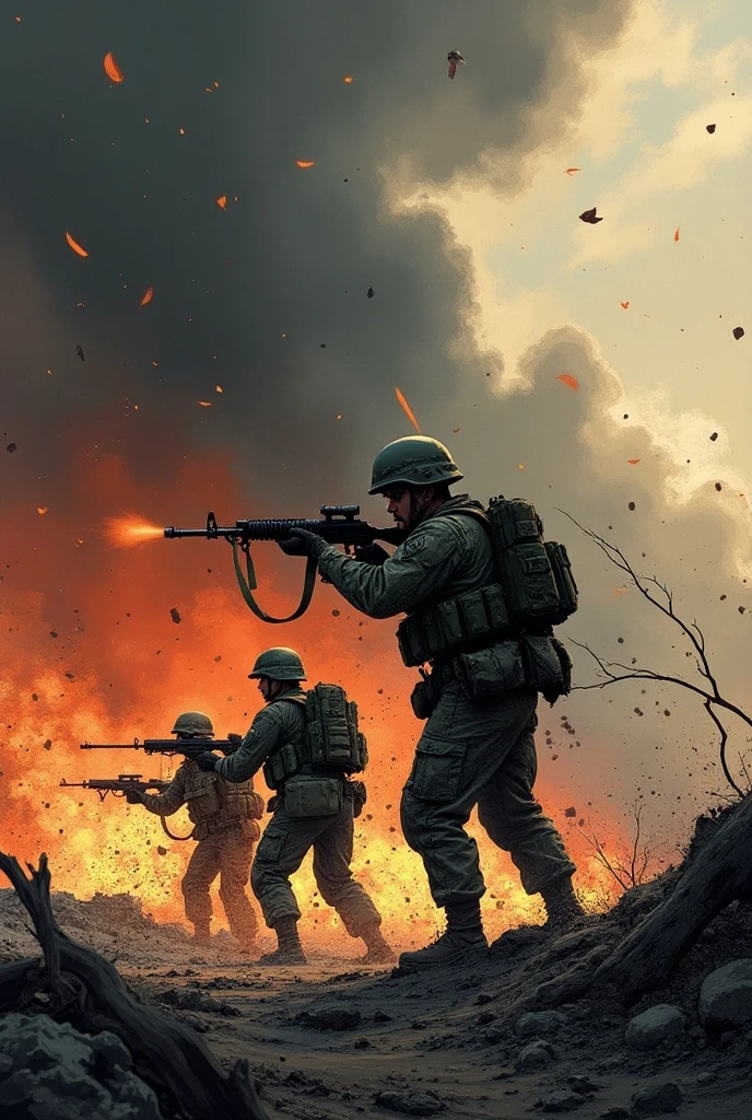 best quality , masterpiece, depth of field,
battlefield,man,((Flame from the bazooka )),(mushroom cloud), glasses, bulletproof helmet,((torn corpses,blood,only head on the ground))