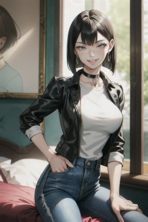 ((riding on my dick)), ((cowgirl position)), ((smiling face)), ((happy face)), (Squirting)), (masterpiece, best quality), 1lady, milf
 Hair: buzz cut, Clothing: oversized, distressed denim jacket with patches and pins, paired with black skinny jeans and combat boots, Accessories: silver hoop earrings and a black choker necklace, high heels,
blonde bob cut, big breasts
in bedroom, hands in pocket, (from front:1.2), looking at viewer,  