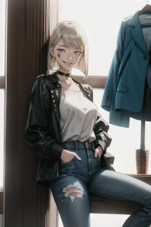 ((riding on my dick)), ((cowgirl position)), ((smiling face)), ((happy face)), (Squirting)), (masterpiece, best quality), 1lady, milf
 Hair: buzz cut, Clothing: oversized, distressed denim jacket with patches and pins, paired with black skinny jeans and combat boots, Accessories: silver hoop earrings and a black choker necklace, high heels,
blonde bob cut, big breasts
in bedroom, hands in pocket, (from front:1.2), looking at viewer,  