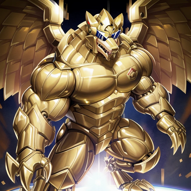 (freddy wolf, 8K), (freddy wolf's giant robot, Powered exoskeleton with the same design as freddy wolf), (Masterpiece, highres) (Detailed head, Detailed Body, Detailed abs, full body) (gigantic muscles, Gigachad Muscular, big muscle, pecs, triceps, traps, unusually developed muscular body, body full of huge muscles. showing off muscles, pectorales enormes, Exaggeratedly huge muscles.) (nj5furry, The claws are sharp, Sharp teeth, sharp claws), (long legs), (Spread wings, It has wings, have big wings, golden wings), (Wrestling, wrestler, the bodybuilding), (It has wings, whole body shines like metal, Wearing cyberpunk mecha, emphasizes the muscles, suit fully made of metal, intricate armor, Robotic suit, suit fully made of metal, cyborg), menacing pose, The whole body is golden. no face. BULK UP. The whole body is golden. wearing a full-face helmet. no blue. no red. A pose that shows off your muscles. no face. He is wearing sunglasses. The face is hidden inside the helmet and cannot be seen.