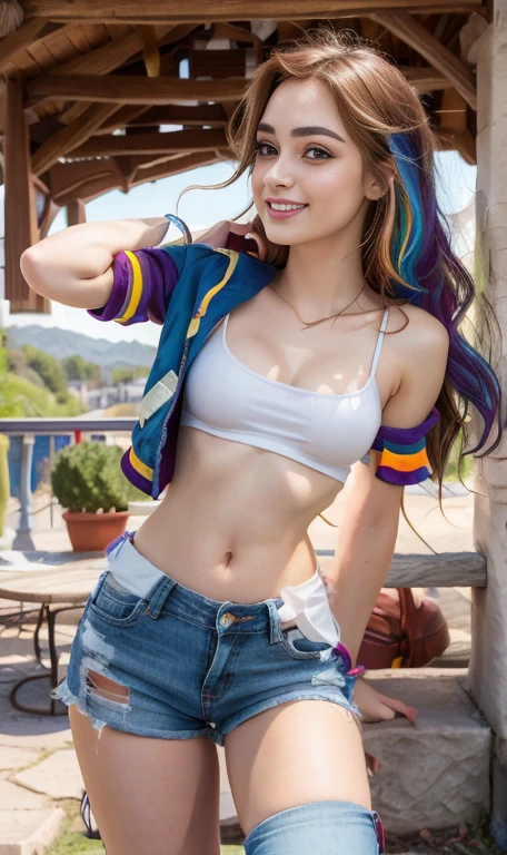 (The best quality, 4k, 8k, High Resolutions, masterpiece:1.2), ultra detailed, detailed face, Detailed lips and eyes..........., cute makeup , attractive appearance, expressive face, realist,
BREAK   ,Beautiful Caucasian woman with shoulder length messy wavy pink hair, , beautiful athletic  girl ,teenager with athletic body , Big pink eyes, clear skin, slim and athletic, hair that covers one eye,
BREAK  (dynamic pose),  medium breasts , exprecion happy , Soft sunlight illuminating the scene, Subtle movement of the wind in the hair, happy expression, gloomy atmosphere, kindly, Natural lighting that emphasizes your features..........., Subtle shadows that add depth and dimension to the image....... , beautiful girl  , mlp Rainbow dash , rainbow colored hair , rainbow colored hair , usa motorcycle clothing , motorcycle , small black jacket , wear a blue shirt , blue jeans , long boots with heel  , posa arriba de motorcycle , Sunset , forest ,  Whole body ,mlp , Rainbow dash ,  Whole body , motorcycle clothing , moto , park , wear makeup , blue eye shadow , foto de Whole body , Nice smile , alegre , linda sonrisa , cabello arcoiris , rainbow dash