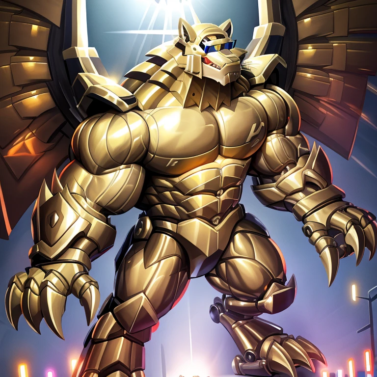 (freddy wolf, 8K), (freddy wolf's giant robot, Powered exoskeleton with the same design as freddy wolf), (Masterpiece, highres) (Detailed head, Detailed Body, Detailed abs, full body) (gigantic muscles, Gigachad Muscular, big muscle, pecs, triceps, traps, unusually developed muscular body, body full of huge muscles. showing off muscles, pectorales enormes, Exaggeratedly huge muscles.) (nj5furry, The claws are sharp, Sharp teeth, sharp claws), (long legs), (Spread wings, It has wings, have big wings, golden wings), (Wrestling, wrestler, the bodybuilding), (It has wings, whole body shines like metal, Wearing cyberpunk mecha, emphasizes the muscles, suit fully made of metal, intricate armor, Robotic suit, suit fully made of metal, cyborg), menacing pose, The whole body is golden. no face. BULK UP. The whole body is golden. wearing a full-face helmet. no blue. no red. A pose that shows off your muscles. no face. He is wearing sunglasses. The face is hidden inside the helmet and cannot be seen.