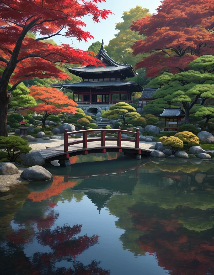 a traditional japanese garden with a large pond, the still water surface reflecting the red maple trees, a wooden arched bridge over the pond, dark temple buildings in the background, dramatic autumn foliage lighting, serene and tranquil atmosphere, moody and mystical lighting, highly detailed, photorealistic, (best quality:1.2), (ultra-detailed,realistic,photorealistic:1.37), 8k, hdr, dramatic lighting, moody colors, serene, peaceful, atmospheric, autumn, momiji, red maple trees, temple, japanese architecture, pond, reflection, arched bridge, traditional japanese garden