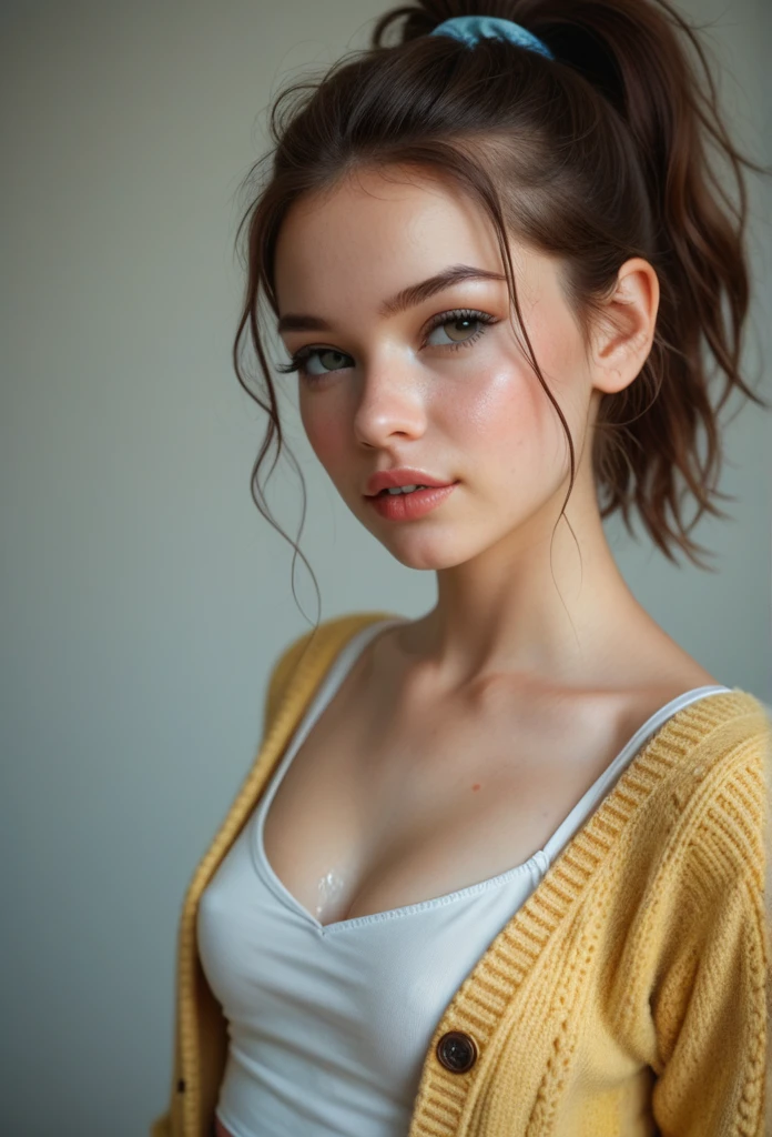 (best quality, 4k, highres, bright and soft), 1girl, Solo, Breasts, small breasts, tiny titties, high-school girl, Caucasian american girl, Masterpiece, UHD,  
Young looking 18-year-old next door neighbor, prettiest teen, brunette, messy ponytail, wet hair, porcelain skin, Blush, Parted Lips, aroused eyes, cleavage, blue jeans with a white unbuckled belt, yellow cardigan, tiny white tanktop 