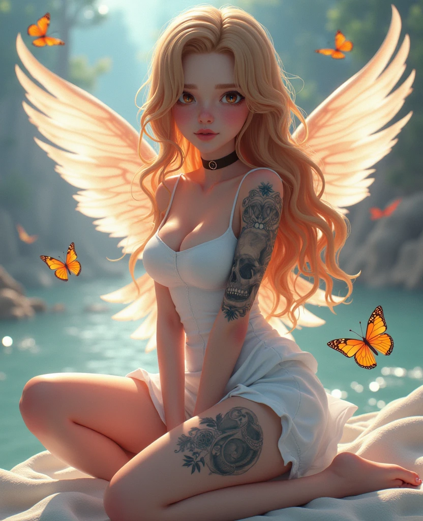 Russian fairy, delicate cute face, fairy wings, blonde hair, long eyelash, white laced openwork see-though thong, pasties, naked, nipples, frilly, closed mouth, dead body, laying on ground, closed eyes, suffering, pain, full body, oil painting, lightning attack her, from back, at garden