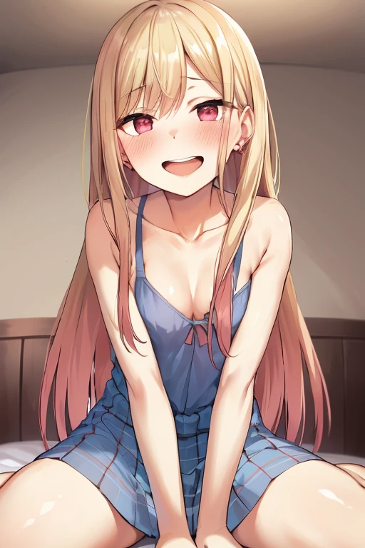 ((Best Quality)), ((masterpiece)), (be familiar with),  perfect face, indoor, bedroom,  watching viewers,
One woman, Kitagawa Marin,
Open Mouth, Ecstatic expression, blush, smile,
Small breasts,  flat chest, , , , Girl,
Long Hair,  long hair,
Leg spread,