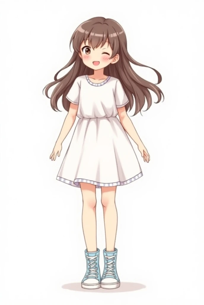Drawing of
Happy girl with long hair, white knee-length dress , Fitted waist, short sleeves, Don't look too thin. image with white background. Converse All Stars sneakers booties color light blue. kawaii style. On this sketch let the girl have the appearance of joy