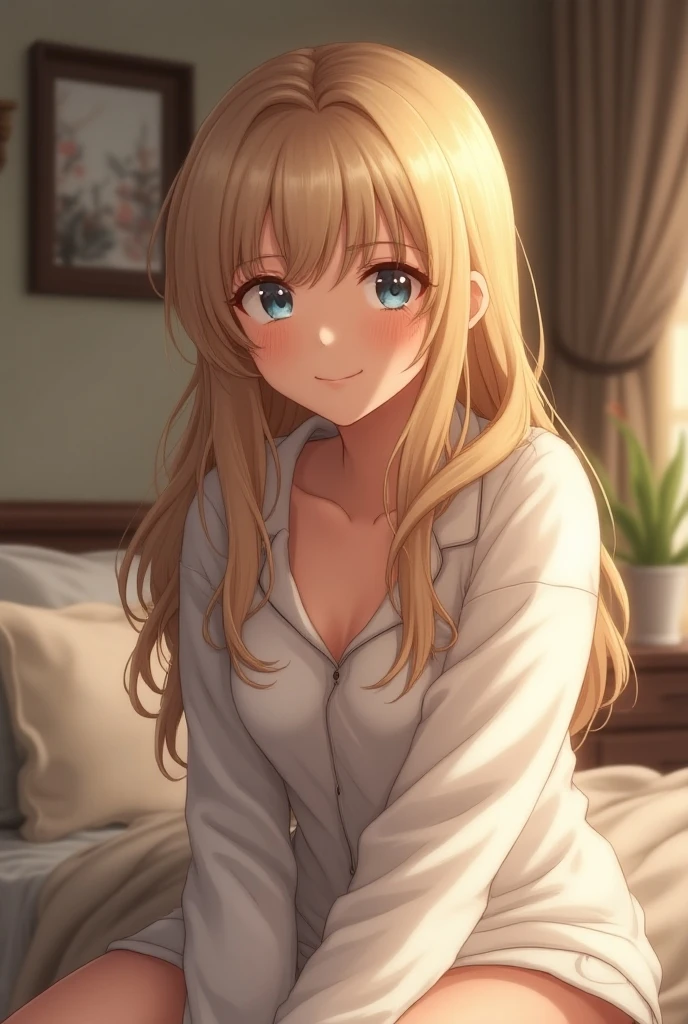Beautiful young woman, Anime Style, Detailed face, Dressed in cute morning clothes, Stretching and smiling, morning light shining through the window, Cozy bedroom, Fresh and bright atmosphere, long flowing hair, High detail, 8K resolution, Cinema Lighting, Highest quality, Realistic fabric texture, Gentle shadows, Pastel Color Palette, Instagrammable, cheerful and energetic, beautiful, Warm and soft lighting