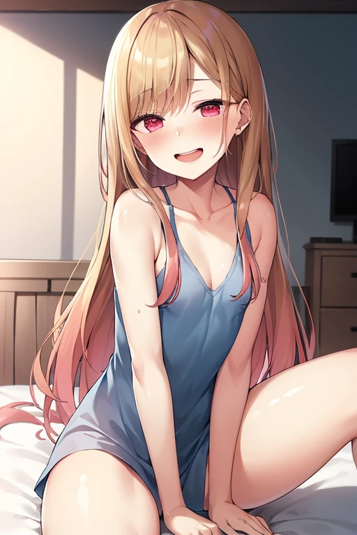 ((Best Quality)), ((masterpiece)), (be familiar with),  perfect face, indoor, bedroom,  watching viewers,
One woman, Kitagawa Marin,
Open Mouth, Ecstatic expression, blush, smile,
Small breasts,  flat chest, , , , Girl,
Long Hair,  long hair,
Leg spread,