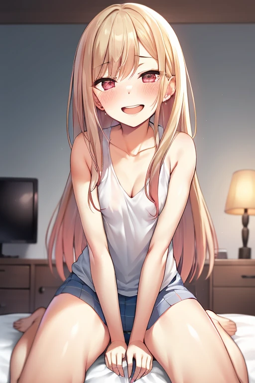 ((Best Quality)), ((masterpiece)), (be familiar with),  perfect face, indoor, bedroom,  watching viewers,
One woman, Kitagawa Marin,
Open Mouth, Ecstatic expression, blush, smile,
Small breasts,  flat chest, , , , Girl,
Long Hair,  long hair,
Leg spread,