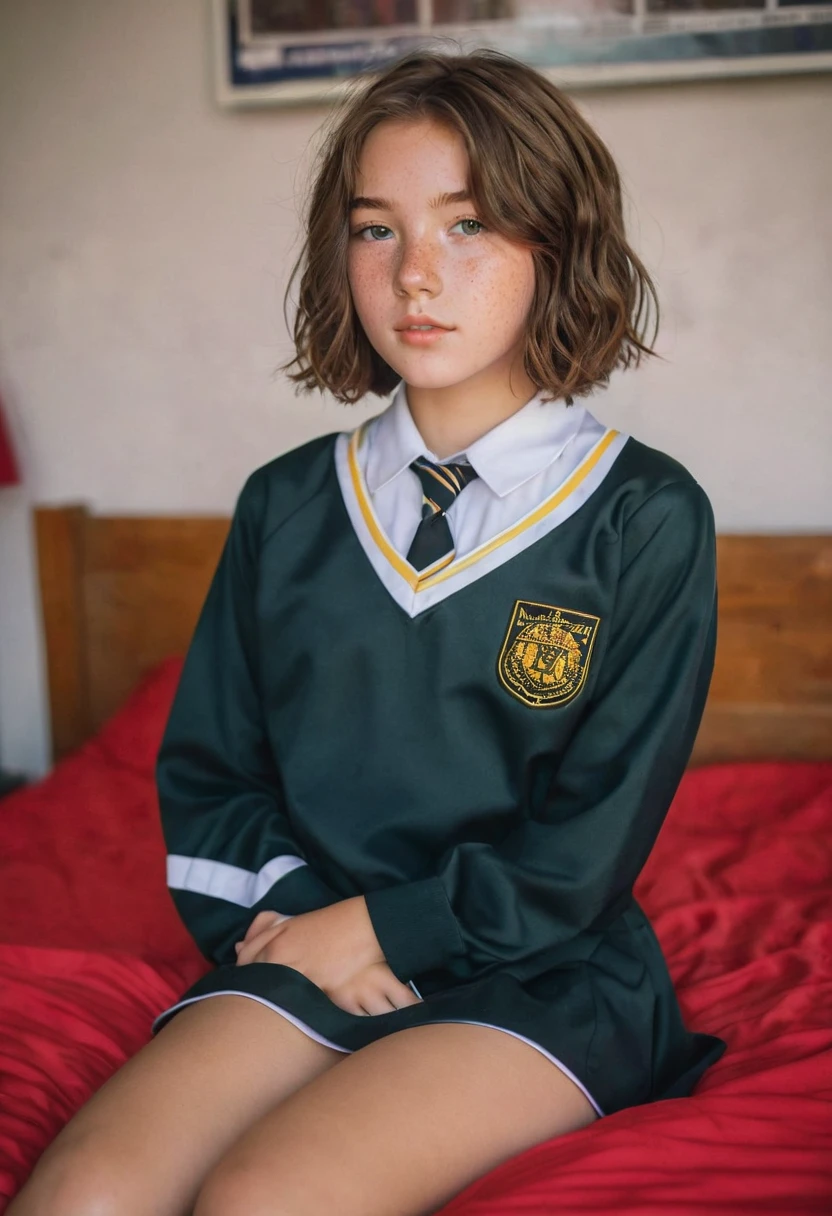  young 14-year-old teenager  , European ethnicity ,  Chin-length bob hairstyle  , wavy brown hair with a perfect face , with freckles, wearing a sexy high school uniform , G string,  full body photo  ,  showing a lot of skin  ,  lying on a bed 