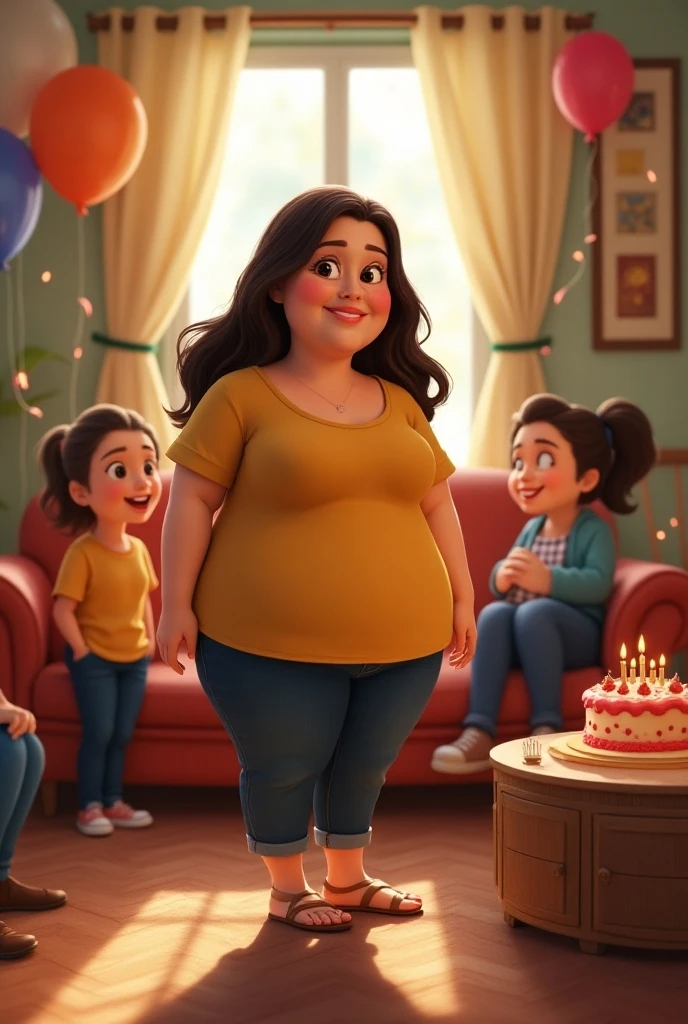 Mary, 30years, brunette skin, chubby, voluminous breasts, black curly hair tied behind the head, doing selfie ,wearing a loose dress, pixar 3d illustration