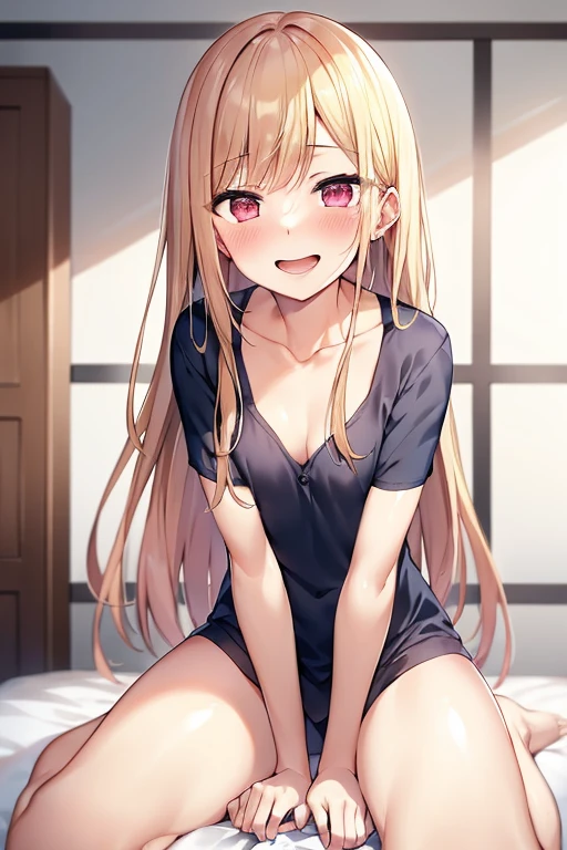 ((Best Quality)), ((masterpiece)), (be familiar with),  perfect face, indoor, bedroom,  watching viewers,
One woman, Kitagawa Marin,
Open Mouth, Ecstatic expression, blush, smile,
Small breasts,  flat chest, , , , Girl,
Long Hair,  long hair,
Leg spread,