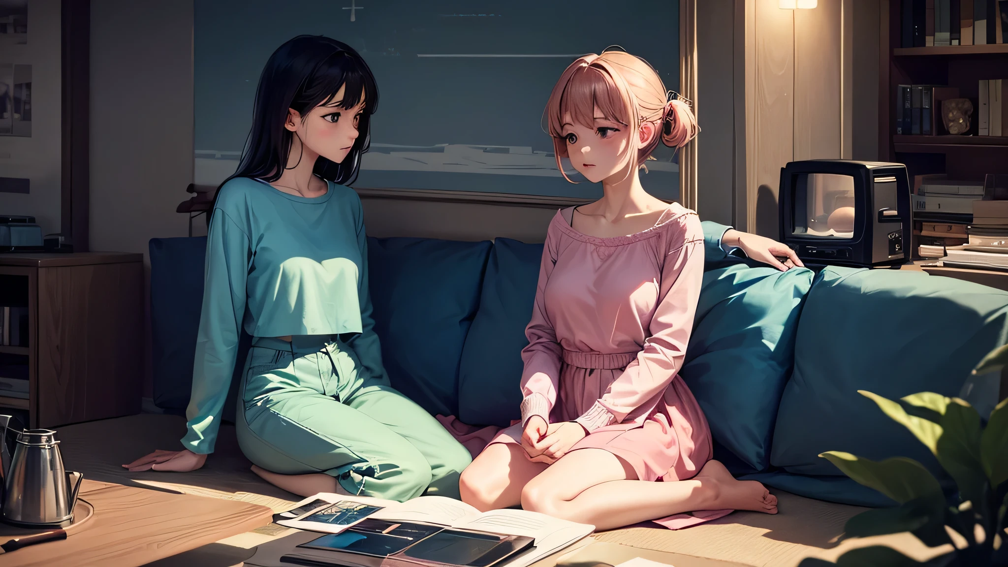 two orange tigers in a lo-fi . The tigers are positioned in a relaxed way : one of them stretches with a playful air , while the other seems to rest quietly , with eyes half closed . The scene takes place on a grassy hill under a soft night sky , dyed with pastel shades of pink , purple and blue, evoking a calm and nostalgic atmosphere .
The contours are drawn in a light and undulating form , reinforcing the handmade and cozy character of the art . Subtle elements such as cassette tapes , old radios and Luminous lights enrich the composition , style composition, complementing the setting with a retro aesthetic that combines nature and urban objects. The choice of soft tones and the animals' sense of rest convey tranquility and relaxation , typical characteristics of lo-fi aesthetics .