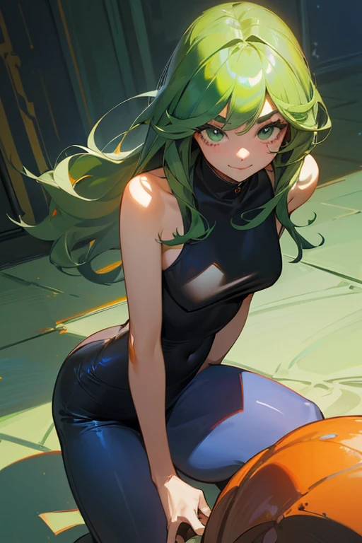 1 girl, navy blue hair, two-ponytail hairstyle, green colored eyes, elf ears, grey skin, stitches all over the body, ghost-girl, holding ice cream in his hand, torn clothing, hairpins on the hair ,a lot of details, Average Breasts, large legs, Large thighs, girl, ice cream stall, street