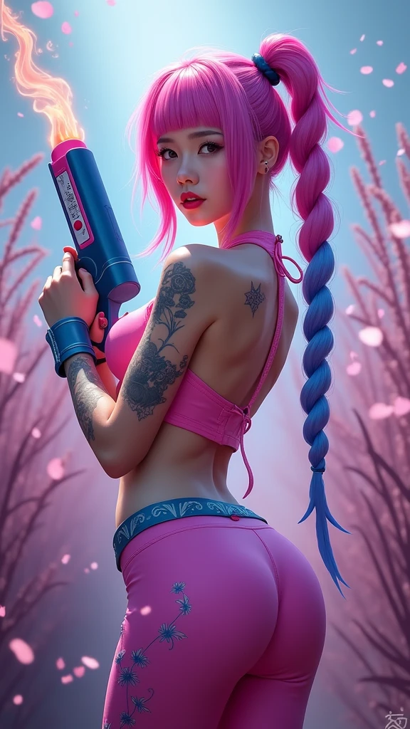 (highres,best quality:1.2), realistic girl with pink hair, tattoos covering her entire body, hands holding two large paintbrushes, vibrant colors, studio lighting, detailed facial features, confident pose, surreal atmosphere, larger very erect, cum everywhere, Legs spread