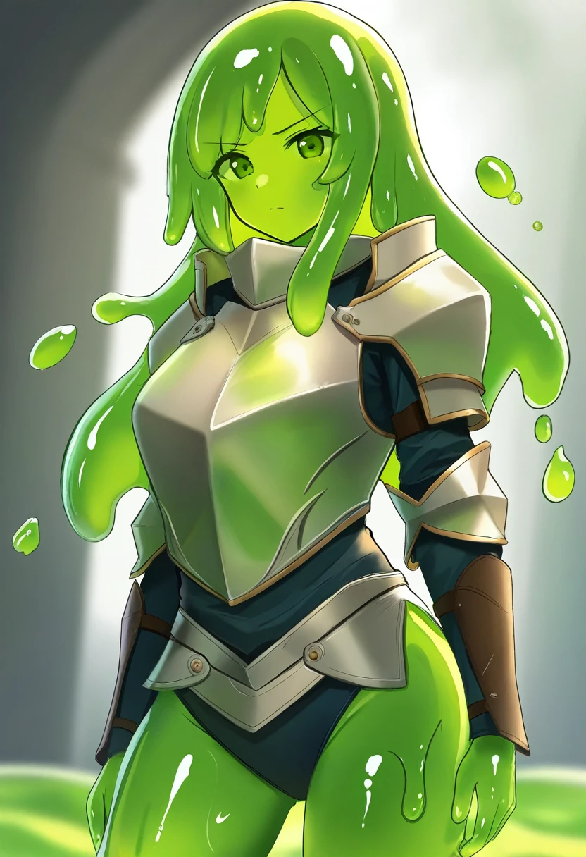 Slime girl, very long green hair, yellow eyes, character is covered in liquid, full of greenish liquid, green slimegirl dripping, Anime Art Wallpaper 8K, Anime style 4K, large chest, ((chubby)), curvy hips, long legs, detailed eyes, very long hair, (kneeling under stone bridge), naked, with green demon horns, (core)