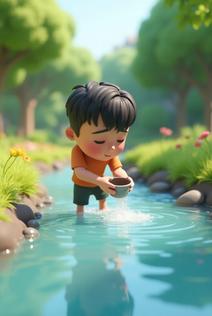 A five-year-old boy drinks water from a spring in the forest